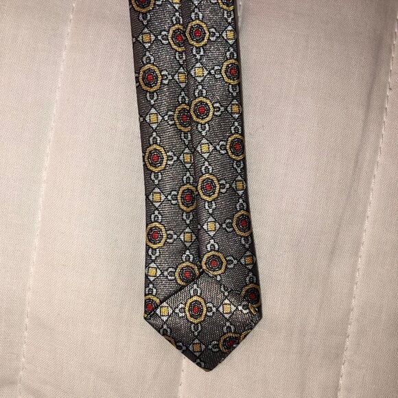 Roma Italian Silk Medallion Tie in Silver Gray Red Gold White - Picture 5 of 8